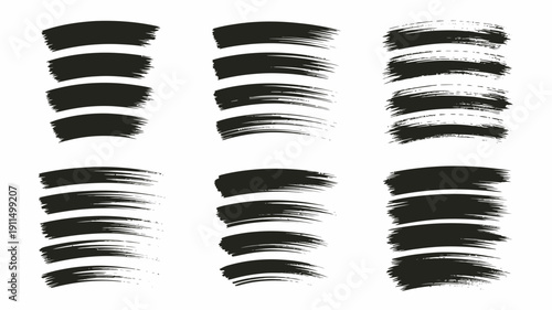 A collection of abstract brush strokes arranged in a grid showcasing varying densities and orientations of black paint textures high quality professional detailed modern elegant stylish