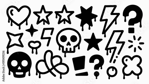 A collection of playful hand drawn black doodles featuring hearts stars skulls lightning bolts and various abstract shapes high quality professional detailed modern elegant stylish clean