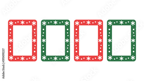 Four square frames are displayed alternating between red and green each decorated with small white snowflake patterns around the edges high quality professional detailed modern elegant