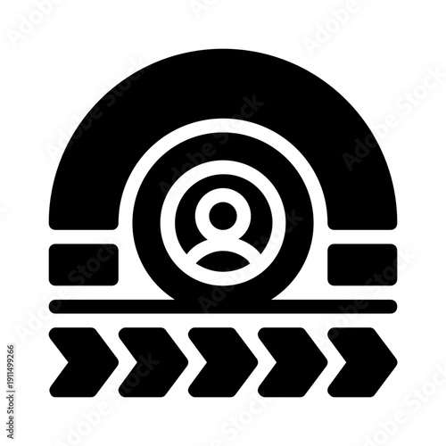 Person standing in an arc with six arrows pointing towards them. Suitable for business, teamwork, goal setting, and success concepts.
