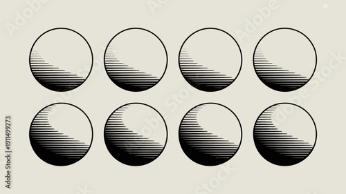 A minimalist composition features six circles arranged in two rows exhibiting a gradient effect with parallel lines creating shading high quality professional detailed modern elegant stylish