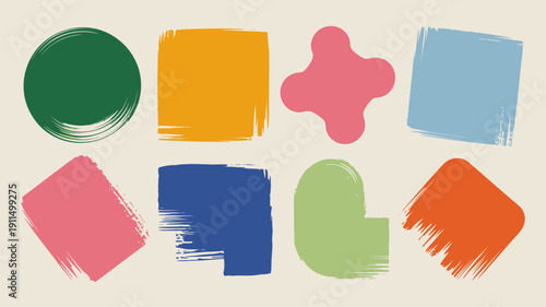 An assortment of brightly colored abstract brushstrokes in various geometric shapes are displayed on a pale neutral background high quality professional detailed modern elegant stylish clean