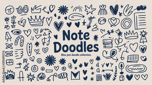 A collection of blue pen doodles fills a lined paper background featuring hearts stars crowns and various abstract shapes high quality professional detailed modern elegant stylish
