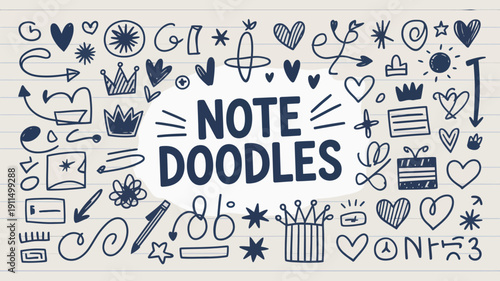 A playful composition of hand drawn doodles and whimsical sketches including hearts stars and the word note prominently displayed high quality professional detailed modern elegant stylish