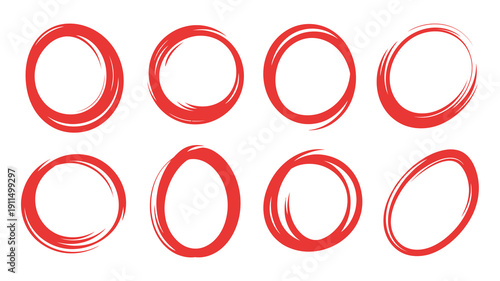 A minimalist composition featuring eight loosely drawn red circles arranged in a two by four grid on a stark white background high quality professional detailed modern