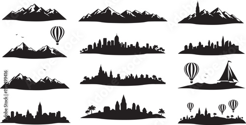 City and mountain silhouettes with hot air balloons flying