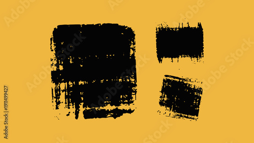 An abstract composition showcases three bold black brushstrokes against a solid mustard yellow background creating a textured visual high quality professional detailed modern elegant stylish clean
