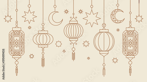 An elegant minimalist illustration features hanging lanterns and celestial motifs including stars and crescent moons in a warm beige tone high quality professional detailed modern stylish