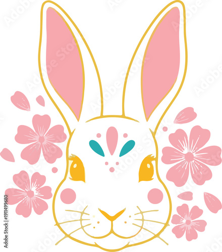 Easter sunday white bunny with pink flowers and colorful eyes