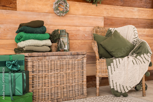 Wicker armchair, basket wit...