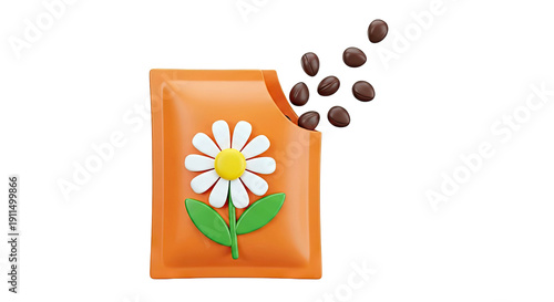 3D Illustration of Orange Packet with Daisy and Falling Coffee Beans
