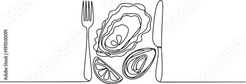 Seafood linear silhouette illustration with fork, oyster, lemon, mussel, knife drawing .one line icon illustration with white background