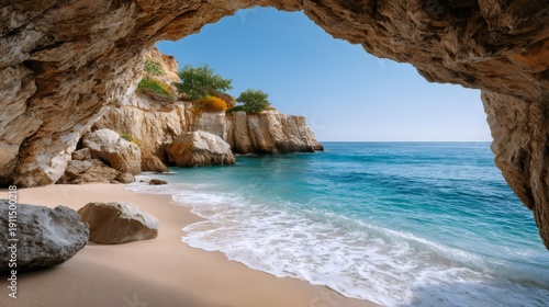 Coastal cave entrance opening to a tropical beach