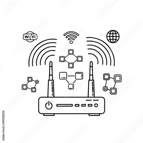 Network Router with Signal Waves Black and White Line Vector, Antennas and Connectivity Symbols, Technical Flat Design Illustration