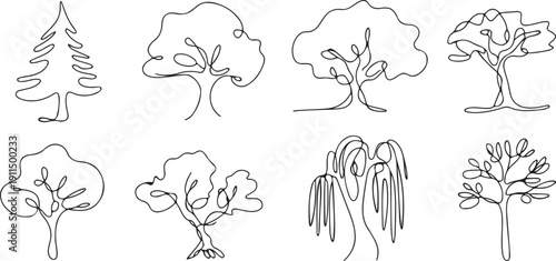 A set of continuous one line drawing trees of different species and shapes.one line icon illustration with white background