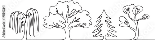 A set of continuous one line drawing trees of different species and shapes.one line icon illustration with white background