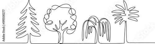 A set of continuous one line drawing trees of different species and shapes.one line icon illustration with white background