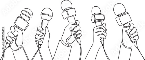 Continuous one line drawing hand with microphone. Journalism concept. Set of hands holding microphones. Press hands flat hand.one line icon illustration with white background