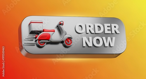 3D render of a glossy metallic 'ORDER NOW' button featuring a red and white delivery scooter with a cargo box, on a vibrant orange and yellow gradient background.
