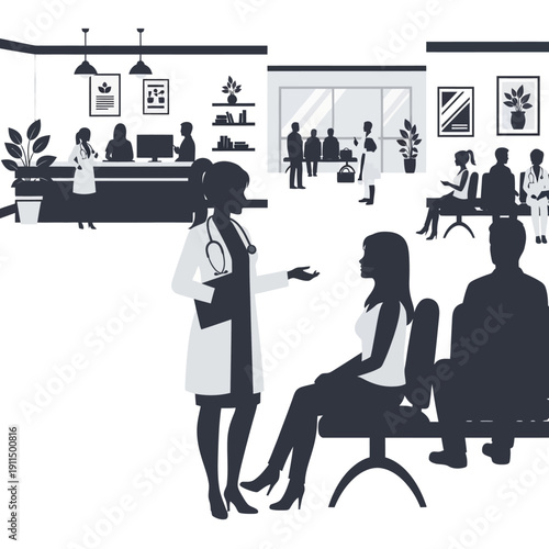 A doctor consults with a patient in a busy hospital waiting area