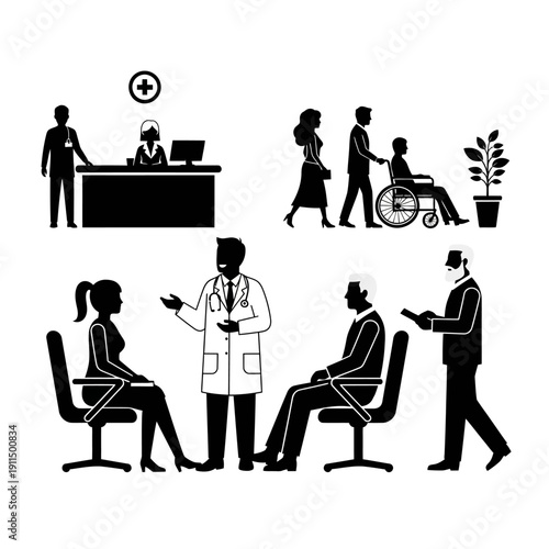 Black silhouettes depicting various healthcare scenes and medical professionals