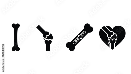Bone vector icons including heart with skeleton hand and joint