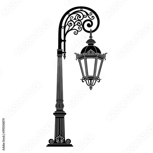 Elegant black street lamp with ornate detailing isolated on white background