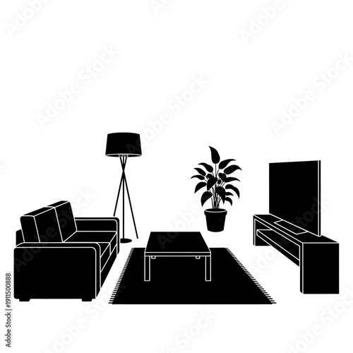 Minimalist living room scene with sofa lamp plant and tv stand