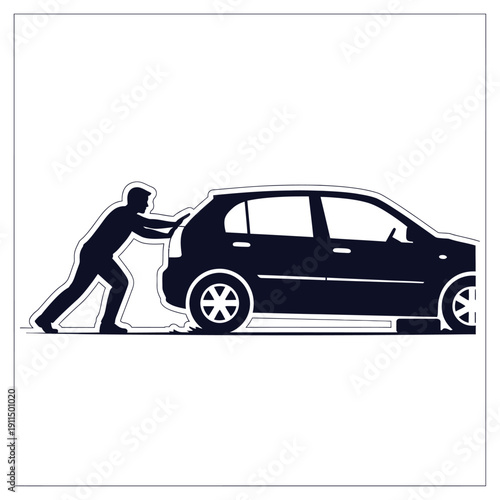 Silhouette of a person pushing a stalled car on a flat surface