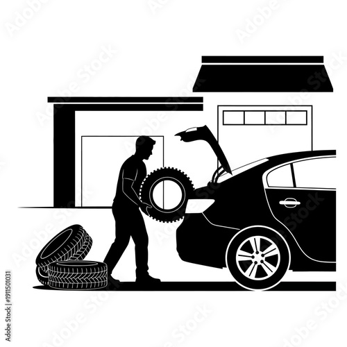 A mechanic changes a tire outside of a garage building