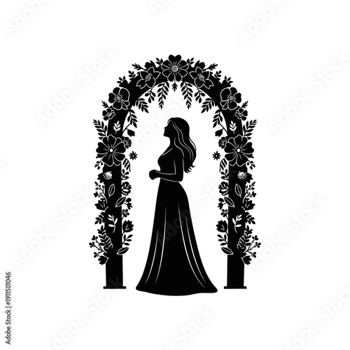 Silhouette of a woman in an evening gown standing under a floral arch