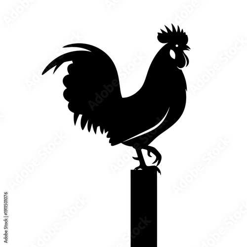 A striking black silhouette of a proud rooster perched on a post