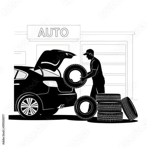 Mechanic changing a car tire in front of an auto repair shop