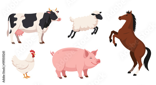 Farm animals vector illustration set including a cow, horse, pig, chicken, and sheep