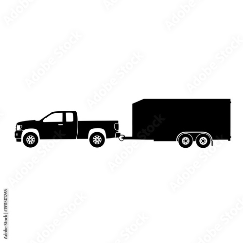 Black silhouette of a pickup truck towing a large enclosed trailer