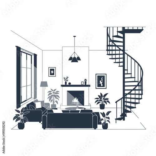 Minimalist interior design featuring a spiral staircase and cozy living room