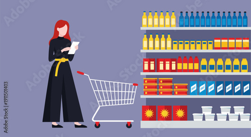 A vector illustration of a woman with a shopping list and cart in a grocery store aisle with shelves of products