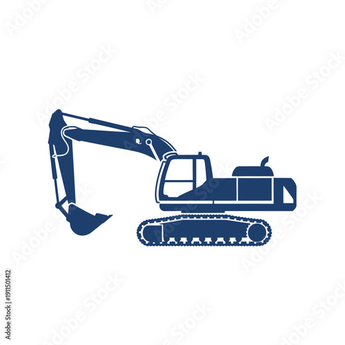 A navy blue silhouette of a heavy duty excavator machine
