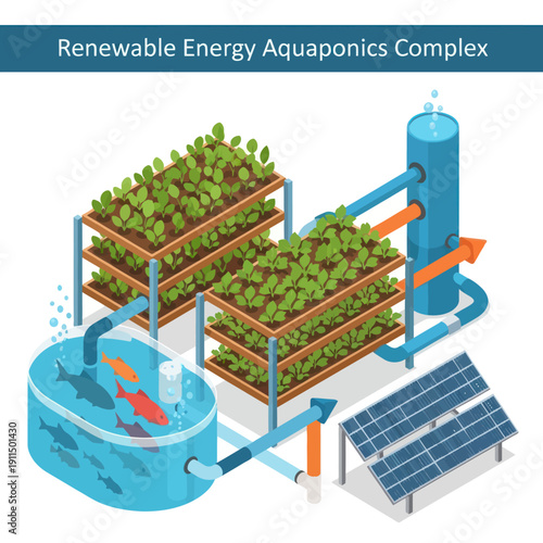 Renewable Energy Aquaponics System with Solar Panels.