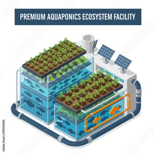 Aquaponics Ecosystem Facility with Plants and Fish.