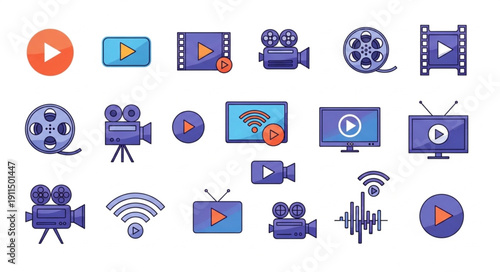 Collection of video and media icons for digital content creation.