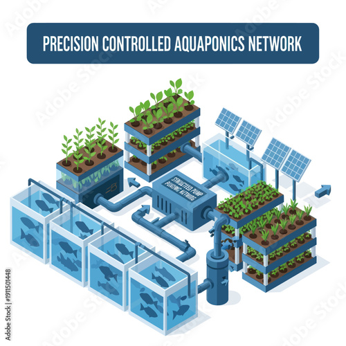 Aquaponics System with Solar Panels and Plants.