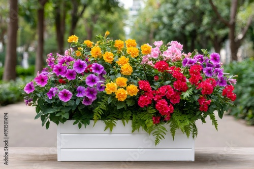 Colorful flowering plants growing in large white planter