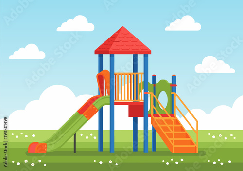 Brightly colored playground vector illustration with slides and stairs on a grassy field under a cloudy sky, perfect for childhood themes