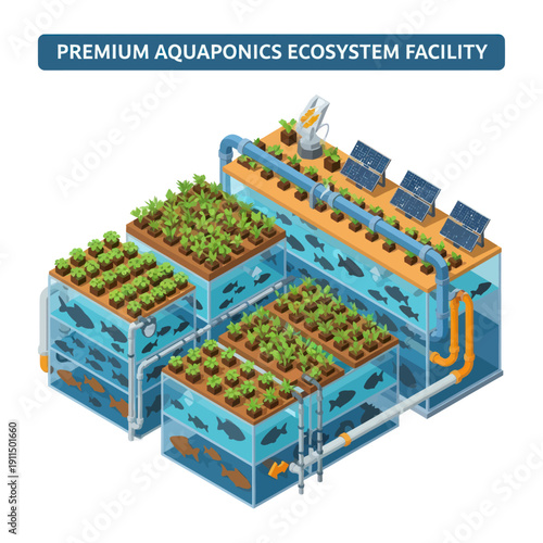 Aquaponics Ecosystem Facility with Plants and Technology.