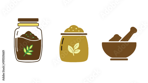 Herbal medicine jar and mortar vector illustration with natural remedies
