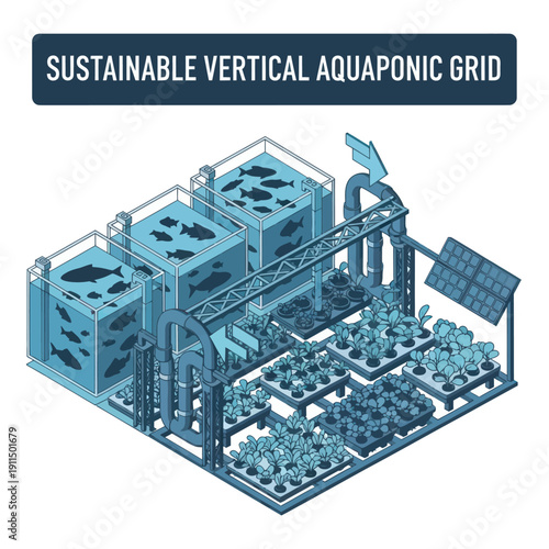Sustainable Vertical Aquaponic Grid System Illustration.