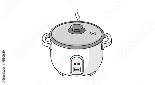 Illustrated white electric rice cooker with a grey lid, emitting steam, a modern kitchen appliance, perfect for daily meal preparation, simple and