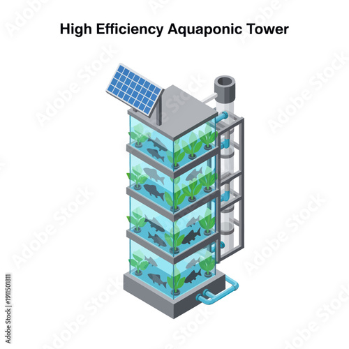 Vertical Farm Aquaponic System with Solar Panel.