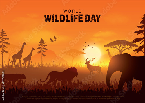 World Wildlife Day Vector Background Design Template, Sunset Scene.